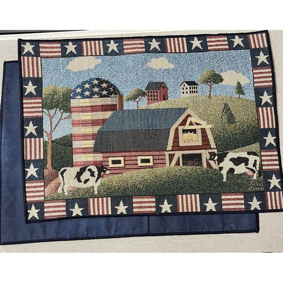Unbranded Other - Farm Cow/Barn 4 pc. Placemats Red White Blue Patriotic Farmhouse Decor Americana